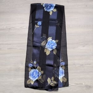 Elaine Gold Black Scarf with Blue and Cream Floral Design